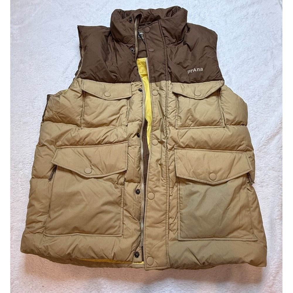 prAna Vest Men M Brown Khaki Color Block Timber Trail Vest Zip Snap Down Hunting